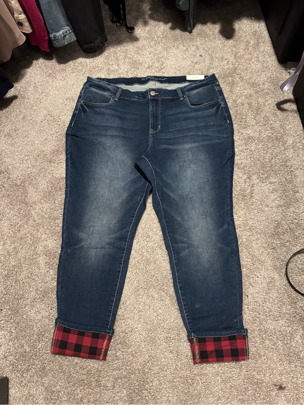 Maurices Dark Blue Skinny Jeans with Red Plaid Cuffs